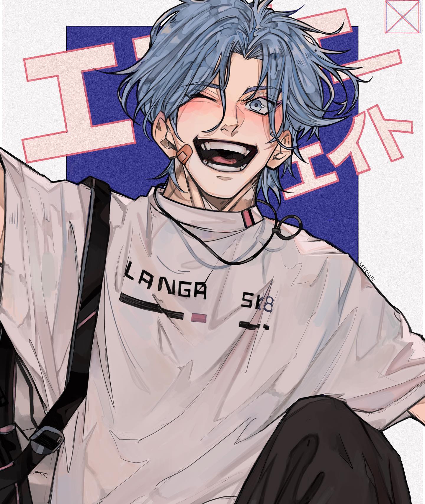 the image is a digital fanart depicting a cheerful animestyle boy.  he has short, light blue hair and is wearing a light gray tshirt with "langa sk8" printed on it. he also has a black shoulder bag. his expression is happy and playful, with a slight wink. the style is reminiscent of manga and anime art, with clean lines and soft shading. the background features a simple blue panel with stylized japanese text.  a small bandage is visible on his cheek.