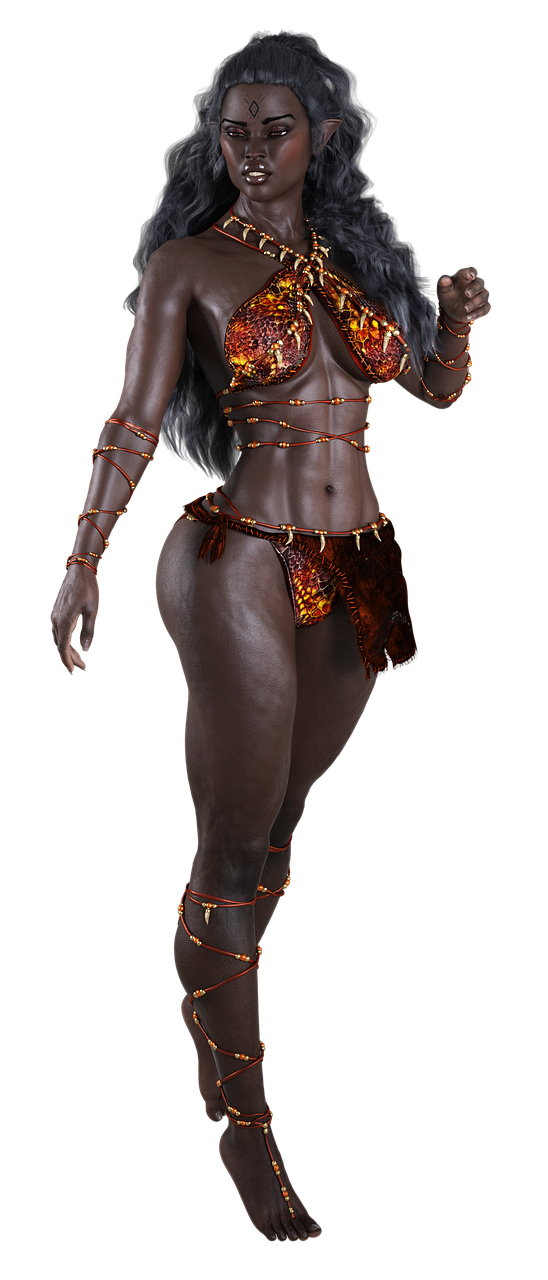a full body rendering of a dark skinned woman with gray hair and elf ears wearing tribal style clothing and jewelry. she is posed on a black background. her clothing consists of a bra and loincloth of a red and orange scaly pattern. a series of thin ropes wrap around her waist and arms, adorned with beads. her feet are bare, also adorned with beads. a marking of a sun is seen on her forehead.