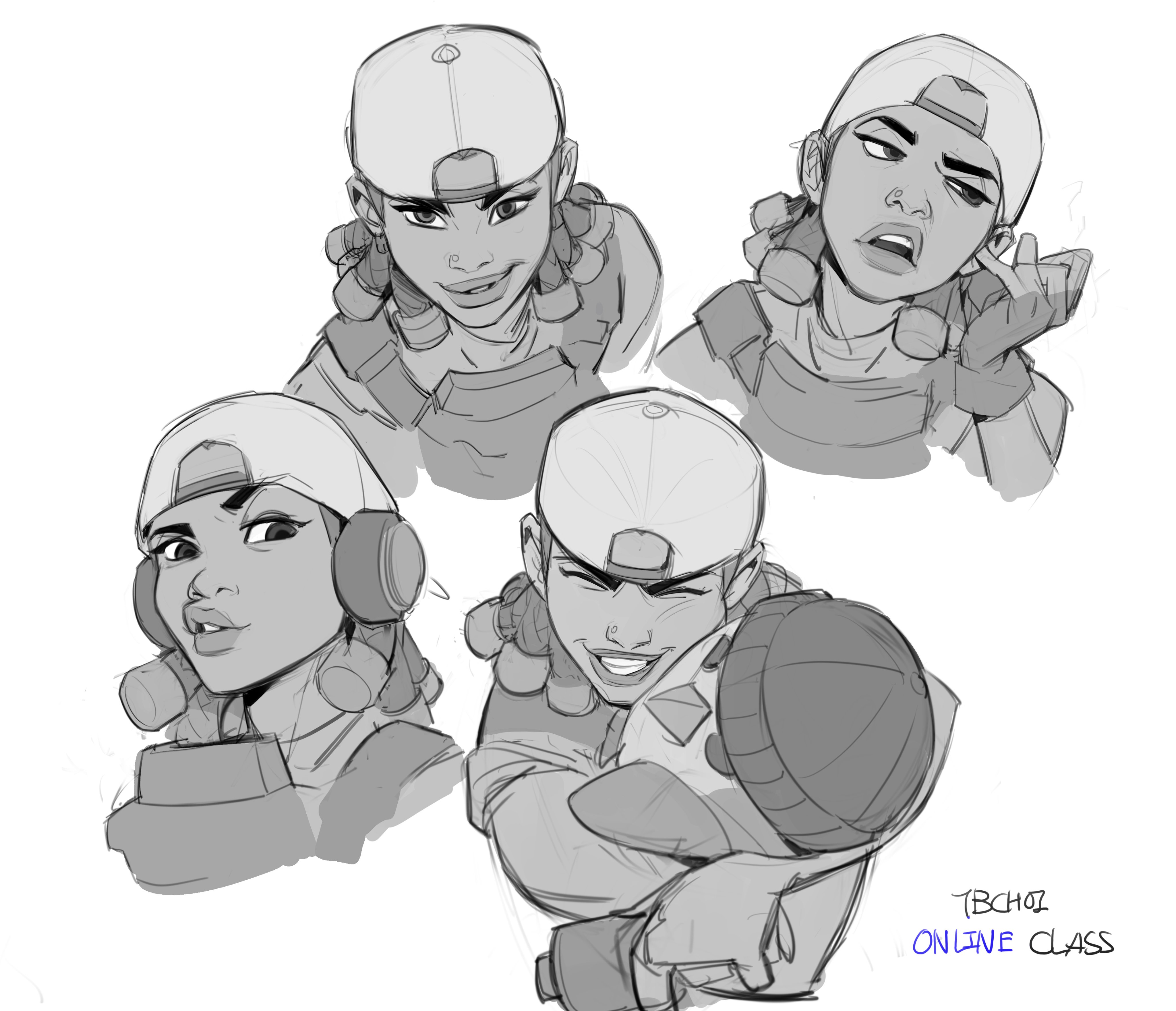 the image showcases four different sketches of a young black woman. she's depicted in a casual yet tactical style, wearing a baseball cap and what appears to be some sort of light armored vest or similar garment.  each sketch features a different expression, ranging from a smirk and a neutral expression to a more playful/mischievous smile, and a pensive/thoughtful expression. one sketch shows her holding a round object that looks like a ball or similar projectile. the style is loose and dynamic, characteristic of concept art or character design sketches. the artist's signature, "tbchoi," and "online class" are included at the bottom, suggesting the art may be from an online course or tutorial.  the overall tone is gritty and expressive.