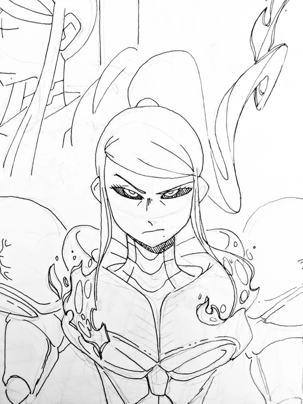 a sketch of a female anime character wearing armor with firelike designs. she has a determined look on her face and her hair is in a ponytail.