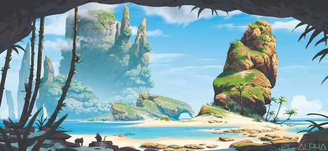 a cartoon landscape depicts a tropical island scene viewed from a cave entrance. the scene features a sandy beach with clear blue water, various rock formations, and lush green vegetation. monkeys are visible on the beach and climbing trees. in the background, towering cliffs and mountains rise into the sky, dotted with clouds. palm trees are scattered throughout the landscape. a natural arch formed by a rock formation can be seen on the beach.