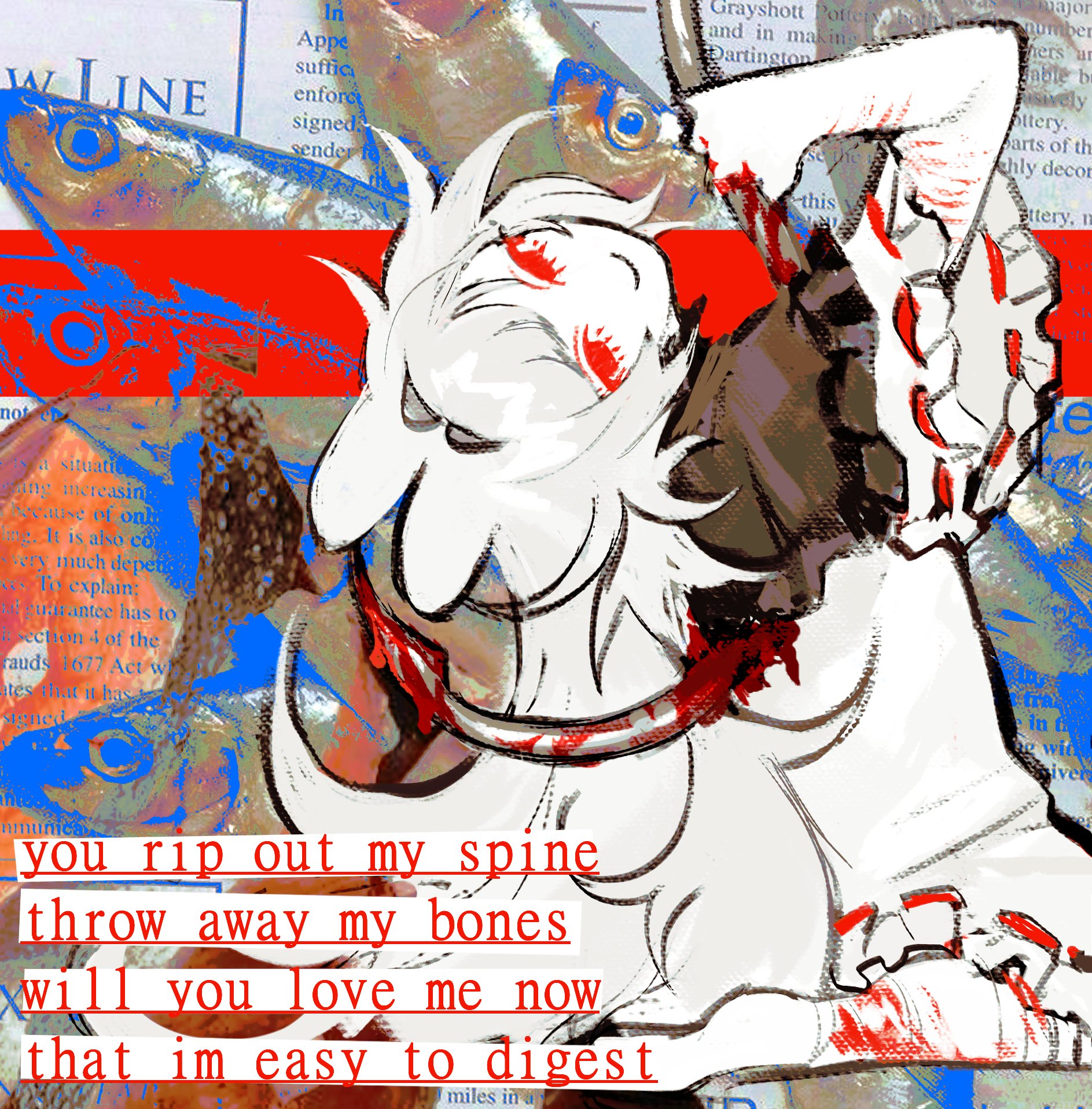 he image is a digital collage featuring a stylized animelike figure in a distressed state. the figure appears to be partially dismembered, with blood and visceral imagery prominently displayed.  the figure is surrounded by images of fish and text, creating a surreal and unsettling atmosphere. the text overlay includes a poemlike sequence hinting at themes of love, violence, and body horror. the overall style is dark, abstract, and expressive. the color palette is dominated by red, white, and black, accented by splashes of blue.  the image evokes a sense of unease and morbid fascination.