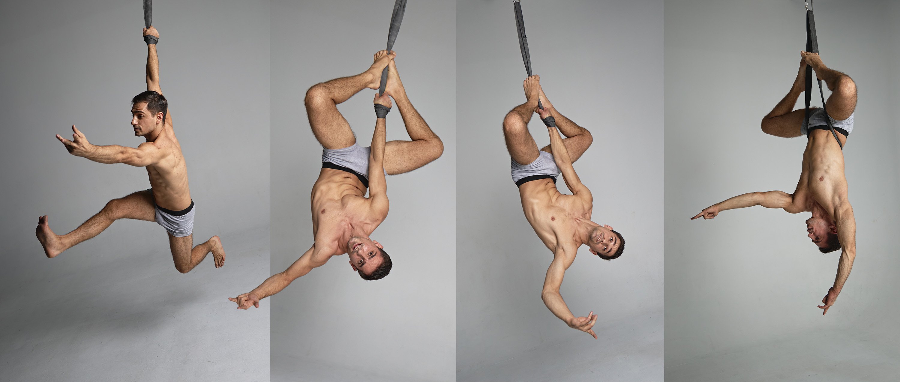 a young man in grey underwear performs aerial silks in a studio setting. there are three images of him in a row. in the first image, he is jumping through the air and in the next two, he is suspended upside down in various poses.  he is very strong and flexible.  the backgrounds are plain grey.
