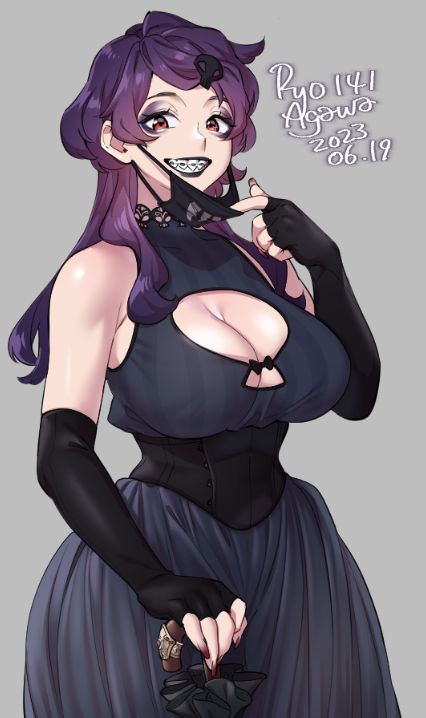 this is a digital illustration of an anime girl with long purple hair. she is wearing a black dress, black corset and black gloves. she is also wearing a black mask that covers her mouth and nose. she has a cute expression on her face. she is holding an umbrella in her right hand. the illustration is in a cute style.