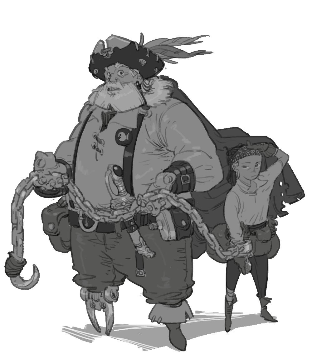 a drawing of a pirate captain and a young crewmate. the captain has a beard, an eyepatch and a large hook on his arm. they are both wearing a heavy cloak.