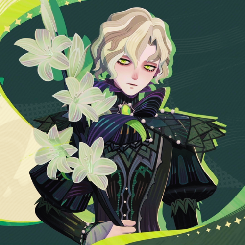 a digital drawing of a young man with blonde hair and green eyes, wearing an elegant dark outfit with a large bow and holding a stem of tuberose flowers.  the style is inspired by anime and has a magical and fantastical quality.  the background is dark green with decorative elements.
