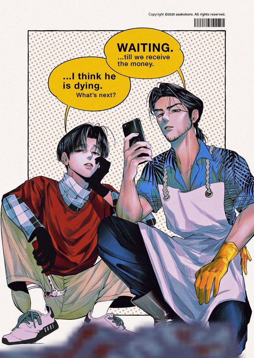 a comic panel featuring two men.  one man kneels in the foreground, looking distraught with a bloody injury. the second man stands behind him holding a phone and looking down at the first with a serious expression. speech bubbles indicate they are waiting for money and are concerned about the injured man potentially dying.