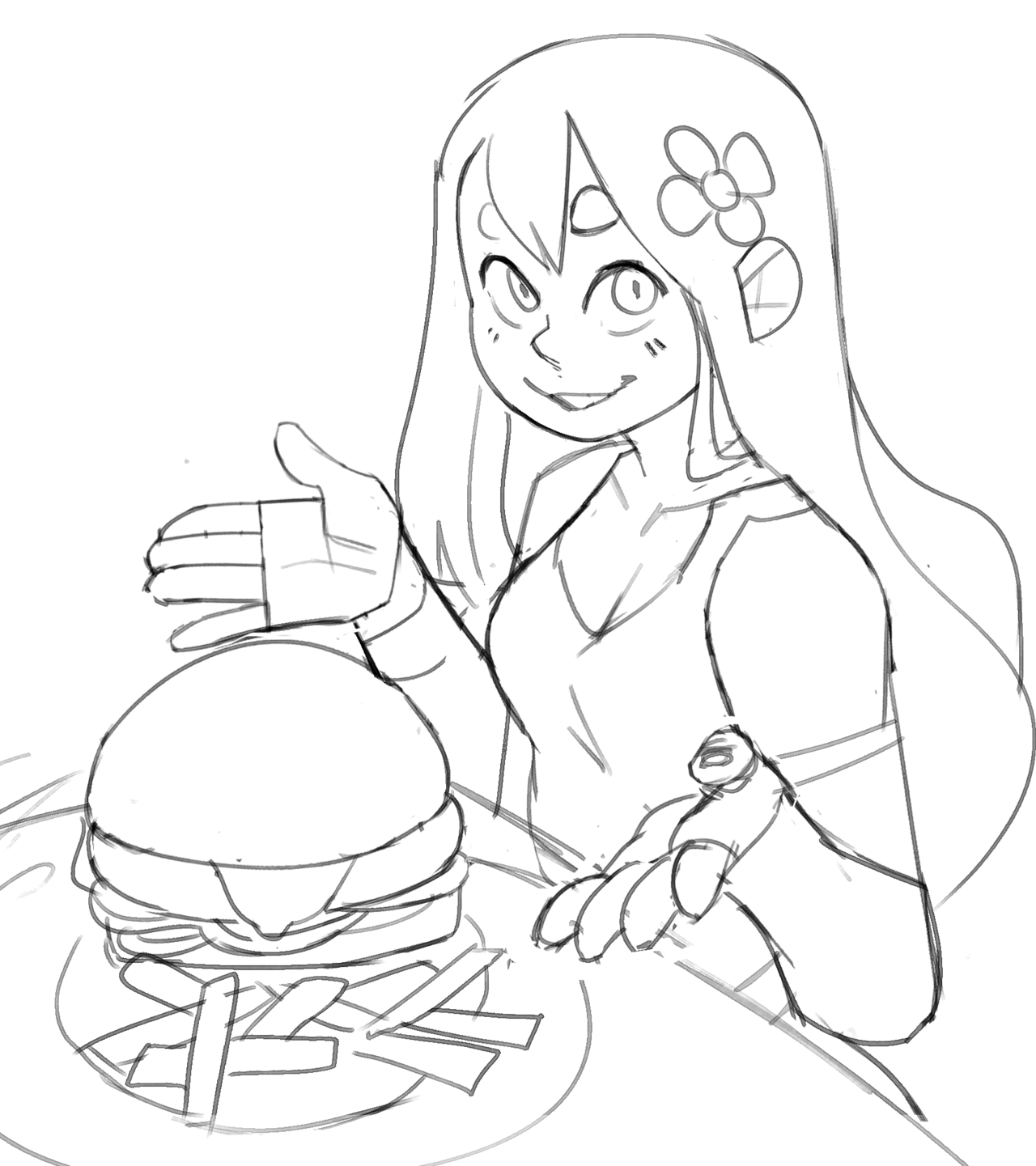 a line art drawing of a woman with long hair wearing a flower in her hair, smiling and holding her hand out towards a burger and fries on a plate.