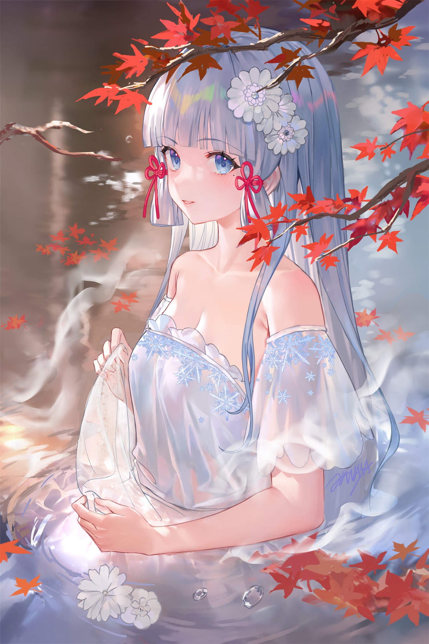 he image is a digital painting of a beautiful anime girl with long, light blue hair. she is wearing a sheer, offshoulder white dress with a snowflake pattern and red bows in her hair. she has flower hair ornaments and is sitting in a stream surrounded by autumn leaves. the overall atmosphere is serene and peaceful. the art style is delicate and elegant, with soft colors and smooth lines.