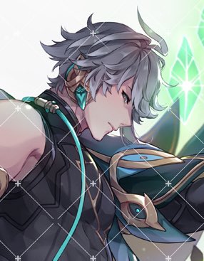 an illustration of an anime male character, with blue and silver hair, black clothing, and green eyes. they're wearing headphones with green and blue accents. they're in a dark and dramatic style, the background is dark with hints of blue and green. the image has a cool and handsome vibe.