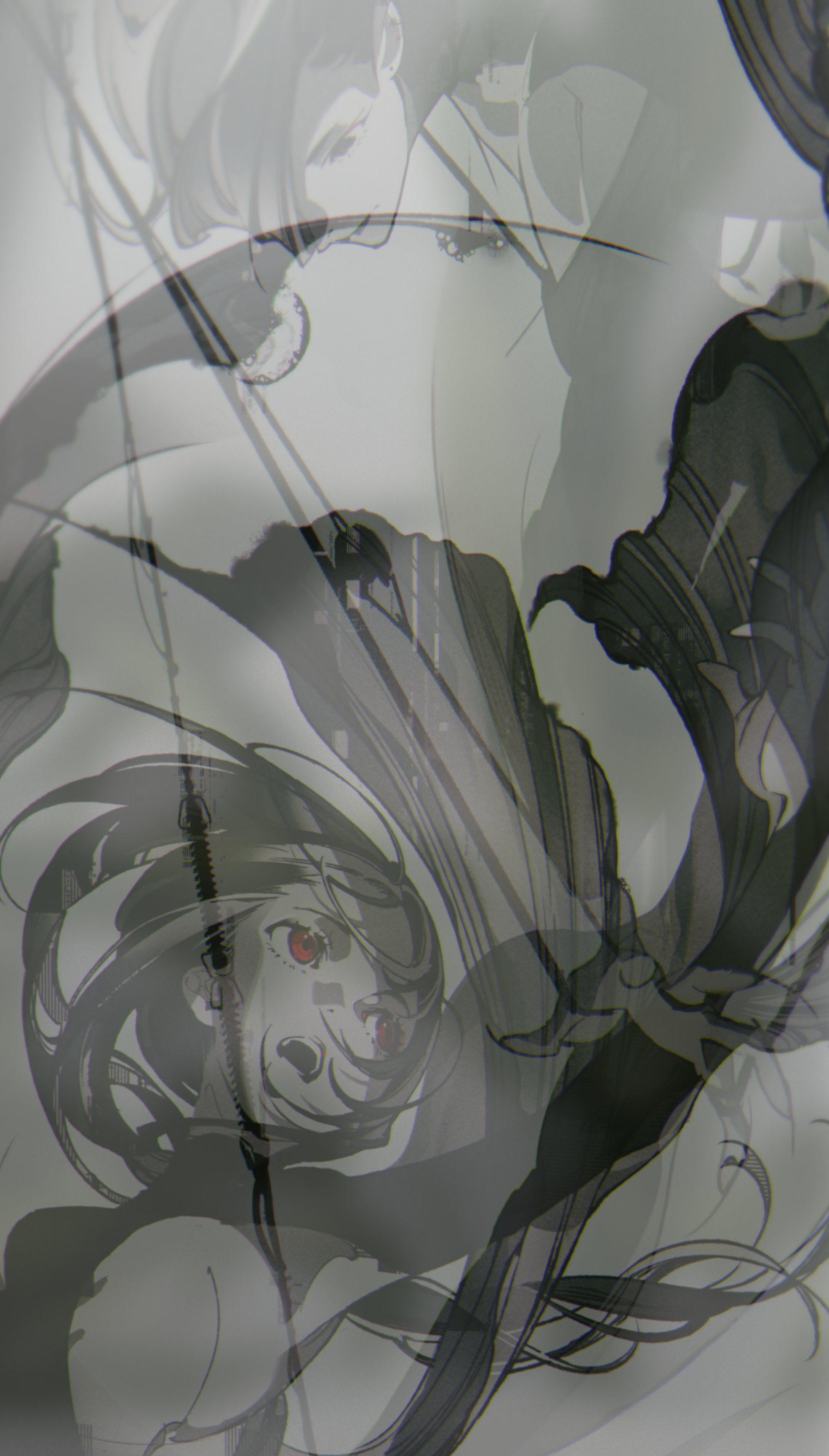 the image is an abstract and stylized illustration of a woman with long, dark hair. the woman's face is partially obscured, but her eyes are visible and appear to be glowing red. the overall tone of the image is dark and mysterious. the lines and shapes are fluid and dynamic, creating a sense of movement. the background is a muted gray, which helps to emphasize the figure of the woman.