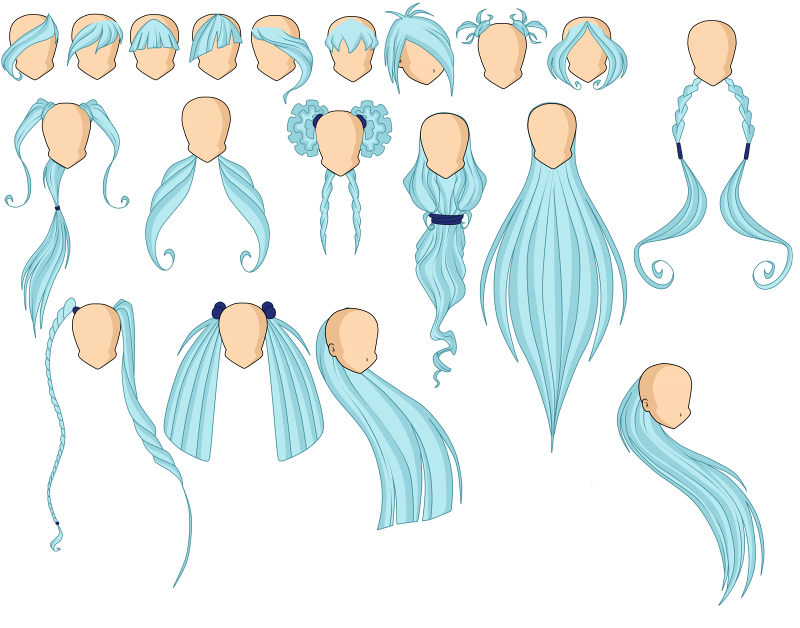 the image showcases a variety of stylized, light blue hairstyles drawn in a cartoon style. they are displayed on blank, bald character heads, presumably meant for customization or character design purposes. the hairstyles include various lengths, bangs, braids, ponytails, and accessories, offering a diverse selection for potential use in animation or other visual media.