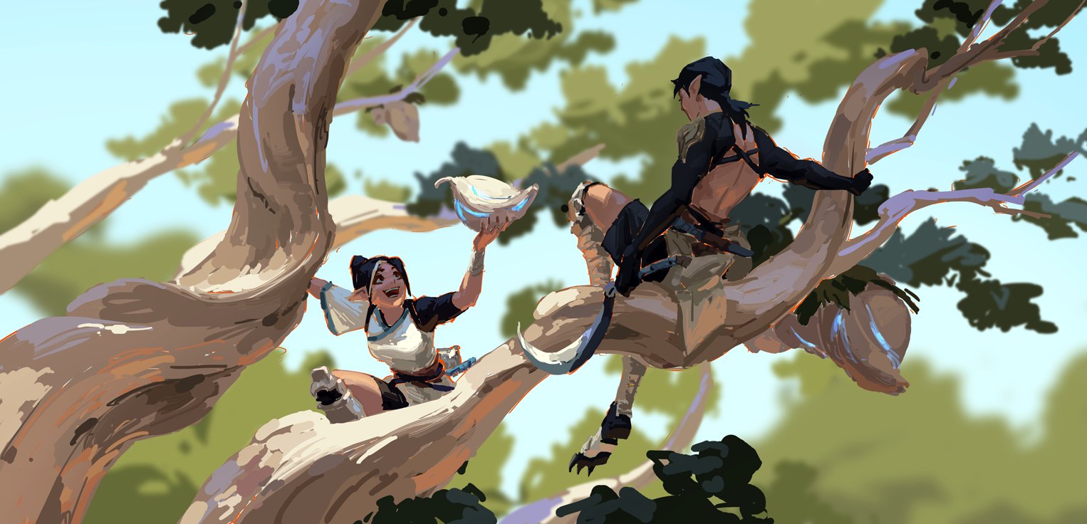 the digital painting showcases two fantasy characters interacting in a whimsical forest scene.  one character, appearing elven with pointed ears and dark hair, joyfully holds a glowing, light blue, shelllike object aloft. they are dressed in light colored clothing and sit perched on a thick, winding tree branch.  the other character, seemingly male with dark hair and wearing darker, more rugged attire, sits further along the same branch, observing the first character. the art style is painterly and loose, with visible brushstrokes giving it a textured, expressive quality. the background suggests a bright, sundrenched forest. the overall mood is lighthearted and adventurous.