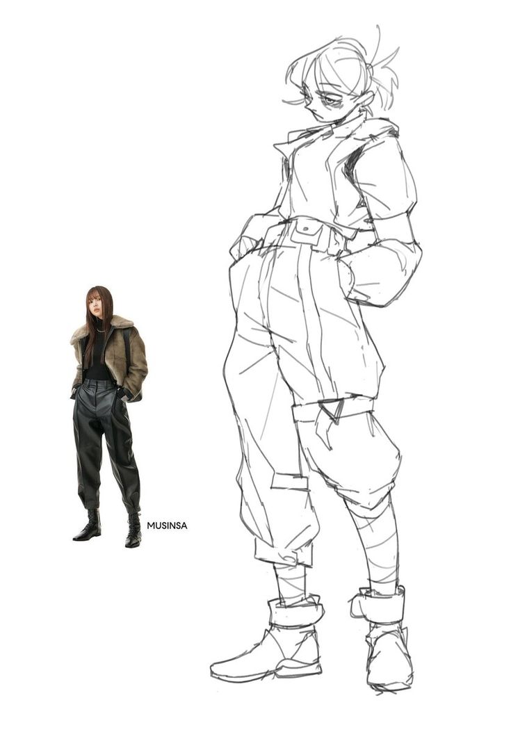 the image contains a fashion illustration. on the left, there's a detailed rendering of a female model wearing a brown jacket and black pants. on the right, there's a rough sketch of a similar figure in a more stylized, anime/mangainspired style, wearing a similar outfit but with more exaggerated proportions and details. the sketch on the right seems like a design development for the character shown on the left. the word "musinsa" is written below the model on the left, which could be the brand or retailer name. the overall style of the illustration combines elements of realism and stylized cartooning.