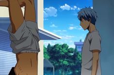 this is an image of two anime boys standing in a city. they are both looking at each other. the boy on the left has blue hair, and is wearing a white shirt. the boy on the right has brown hair, and is wearing a grey shirt. they are standing in front of a window, and a building can be seen in the background.