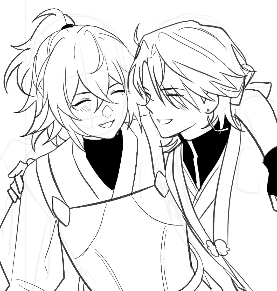 a black and white line drawing of two anime characters hugging each other and smiling. the girl is on the left, with long, flowing hair, and the boy is on the right, with shorter hair. they appear to be close friends or lovers, and are enjoying each other's company. the drawing is done in a simple, yet expressive style.