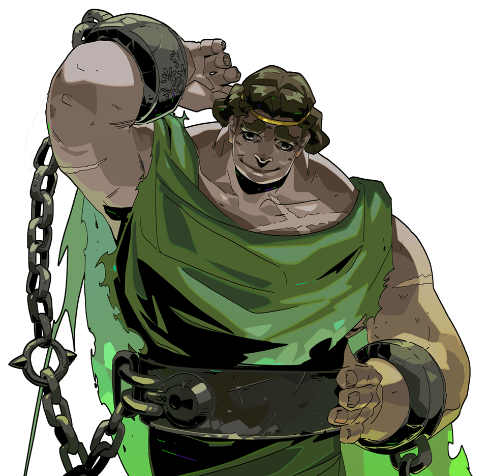 a muscular male character from a video game, he is wearing green clothing and chained at his wrists, he is looking towards the viewer with a smirk.