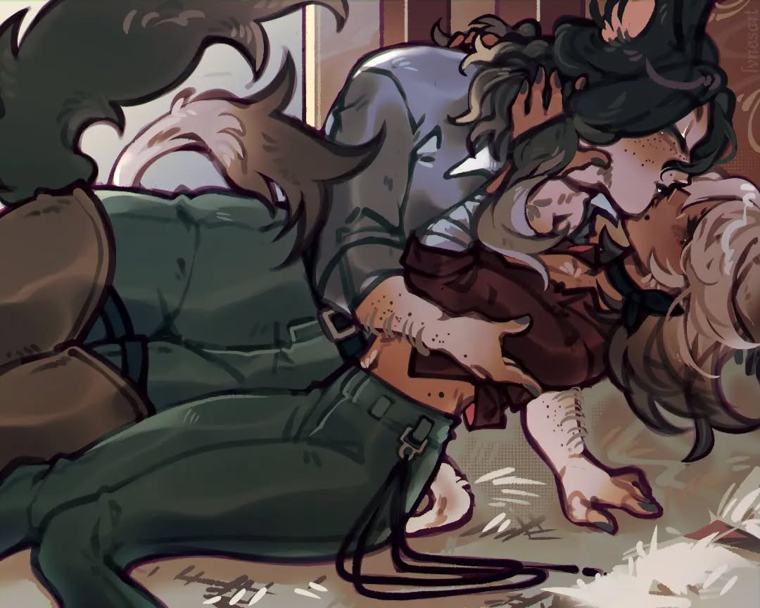 the image is a digital painting depicting a passionate embrace between two anthropomorphic characters.  one character appears to be a wolflike creature with dark fur and clothing, while the other has lighter hair and is possibly a different species of furry. they are intimately kissing and intertwined, lying down on what looks like a bed or a soft surface. the overall style is dark and romantic, with a focus on detailed textures in the fur, clothing, and the characters' expressions. the artwork has a fantasy element due to the anthropomorphic natures of the characters.