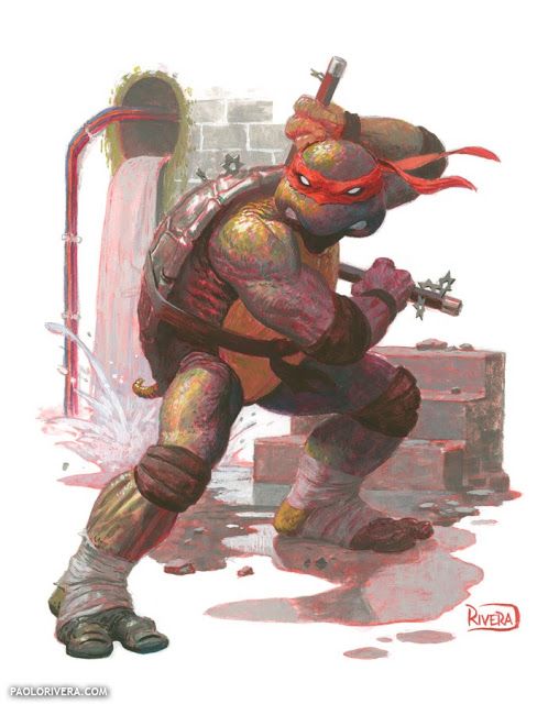 a comic book style illustration of raphael from the teenage mutant ninja turtles. he is  wearing a red bandana and holding two katanas, standing in a fighting pose.  the image is set against a background of rubble.