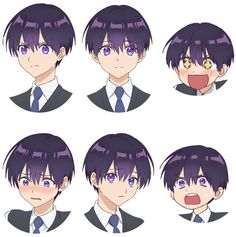 the image showcases nine distinct facial expressions of a young man with short, dark purple hair and matching purple eyes. he's dressed in a uniform featuring a white collared shirt and a darkcolored blazer. content: portrait, facial expression, character design, anime, mangapeople: young manenvironment: n/alighting: soft lightingperspective: frontal viewkw: anime boy, purple hair, school uniform, emotions, expressions, headshot