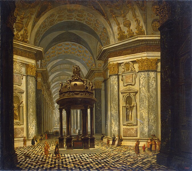this is an oil painting depicting the interior of a grand, ornate church or cathedral. the architecture is classical with large pillars, arches, and a checkered floor pattern. there is an altarlike structure with a canopy in the center of the room. several figures are present, suggesting a religious scene. the painting emphasizes symmetry, perspective, and the grandeur of the architectural space, with golden accents enhancing the ornate details. there are sculptures in the church.