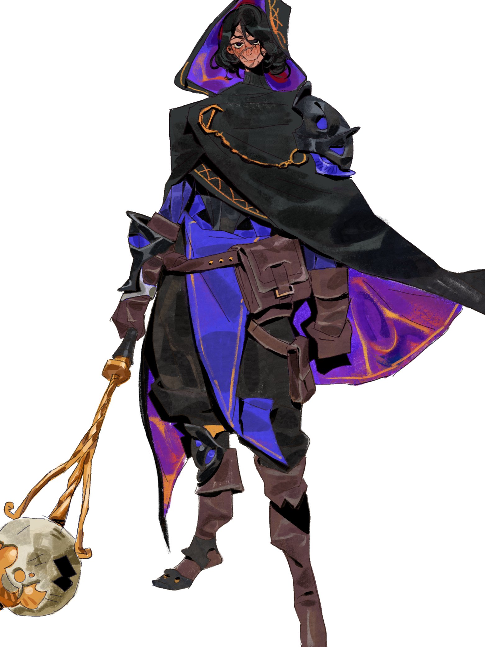 the image showcases a digital painting of a fantasy character.  the character is a darkly cloaked figure, possibly a mage or sorcerer, with a purple and black robe accented with gold details. they carry a staff topped with a skull, suggesting a connection to necromancy or darker magic. the character's face is partially obscured by a hood, adding to their mysterious aura. the art style is stylized, with painterly strokes and a focus on bold colors and shapes.  the character's attire incorporates elements of armor and leather, hinting at a blend of magical prowess and physical capabilities. the overall mood is dark and intriguing, suggesting a powerful and perhaps somewhat menacing character.