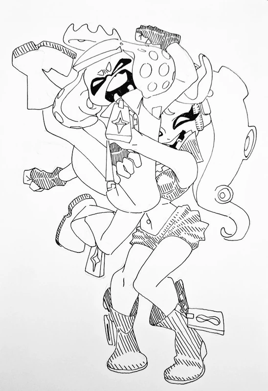a black and white line drawing of two squid girls from the splatoon game, both are holding weapons and are standing on each other, their expressions show they're having a blast.
