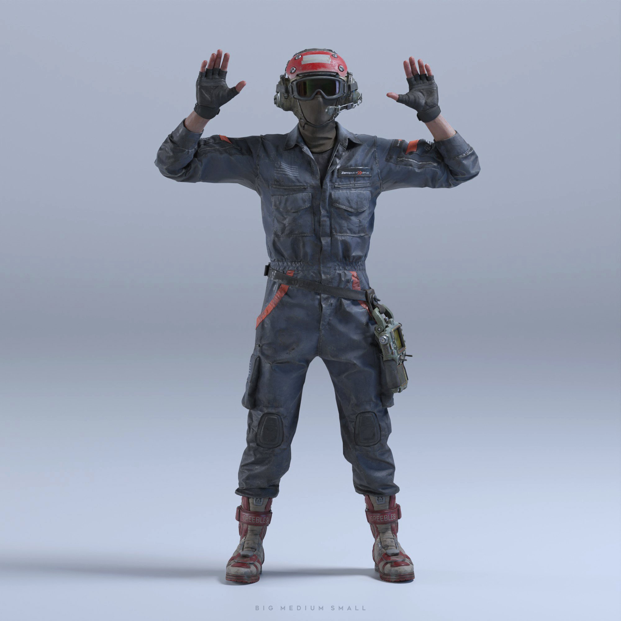 the image is a highresolution 3d render of a futuristic soldier or combatant. the character is wearing a worn, dark grey jumpsuit with orange accents,  a red and white helmet with goggles, gloves, and boots. they are in a surrender pose, hands raised. the background is a plain grey studiostyle backdrop. the overall aesthetic leans toward a gritty, scifi or dystopian setting.  the style is photorealistic. the bottom of the image contains small text that may read "big medium small," possibly indicating sizing information related to the model.