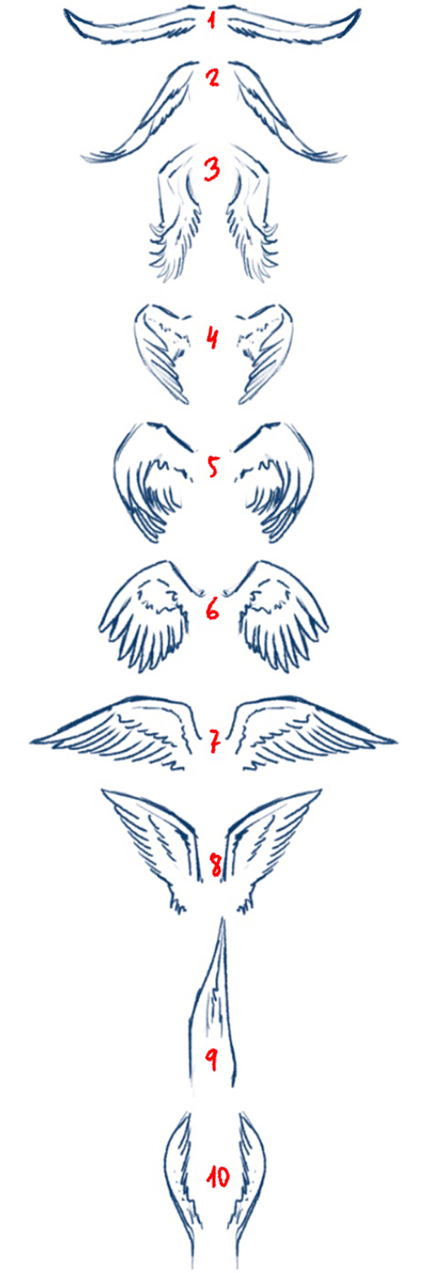 the image presents a numbered sequence of ten different stylistic depictions of angel wings.  each wing design varies in size, shape, feather detail, and overall appearance, progressing from simple, almost skeletal wings at the top to more detailed and complex designs further down. the wings are rendered in a light blue/grey, lineart style against a white background.  the numbers serve as a visual guide for distinguishing the various wing types.  this image would likely be used as a reference for artists or designers who are seeking inspiration or learning to draw different types of wings.