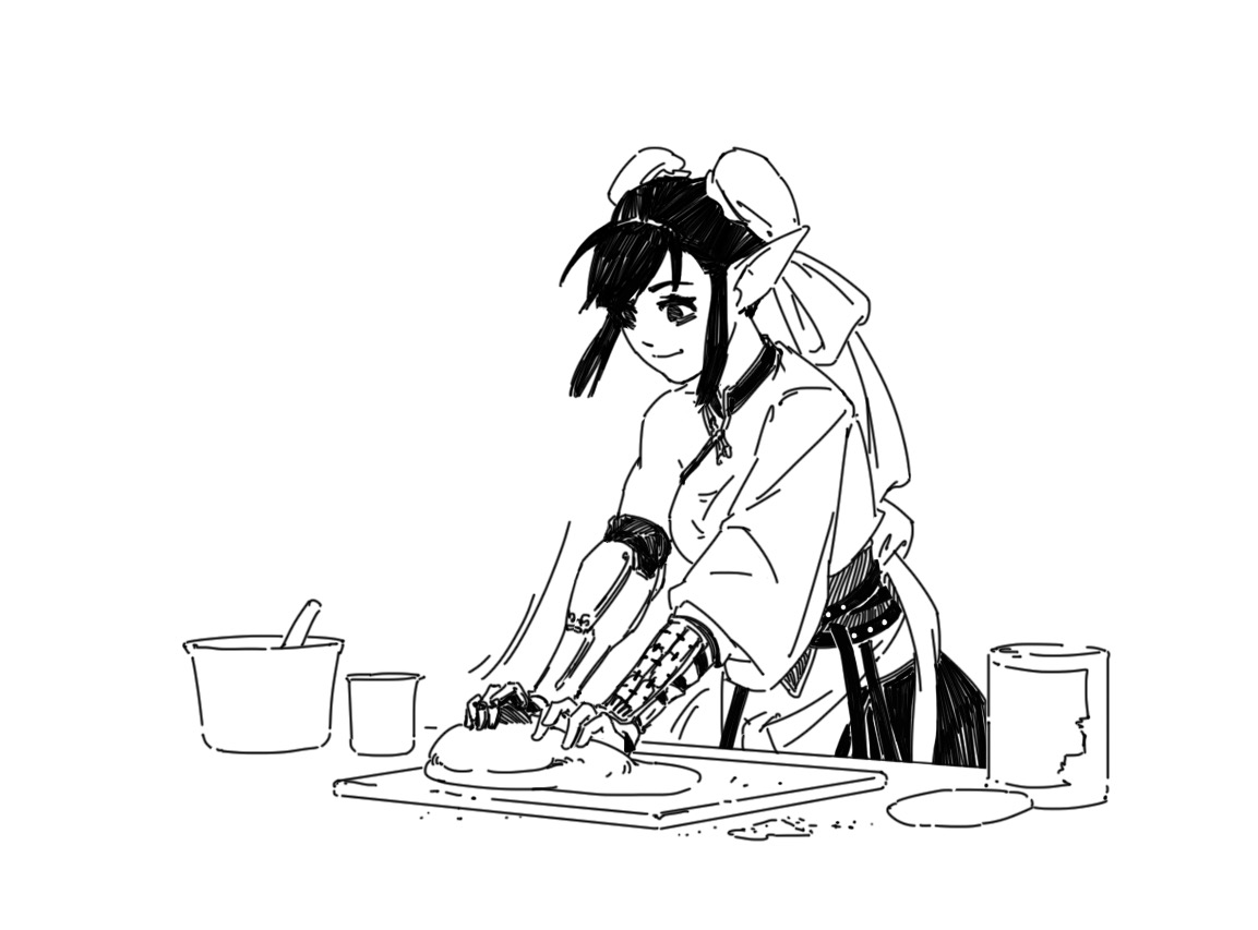 a black and white sketch of an animestyle elf girl with robotic arm kneading dough on a wooden board. she's wearing an apron and has her hair tied up. there are kitchen utensils and containers nearby. the style is reminiscent of manga or webtoon illustrations.