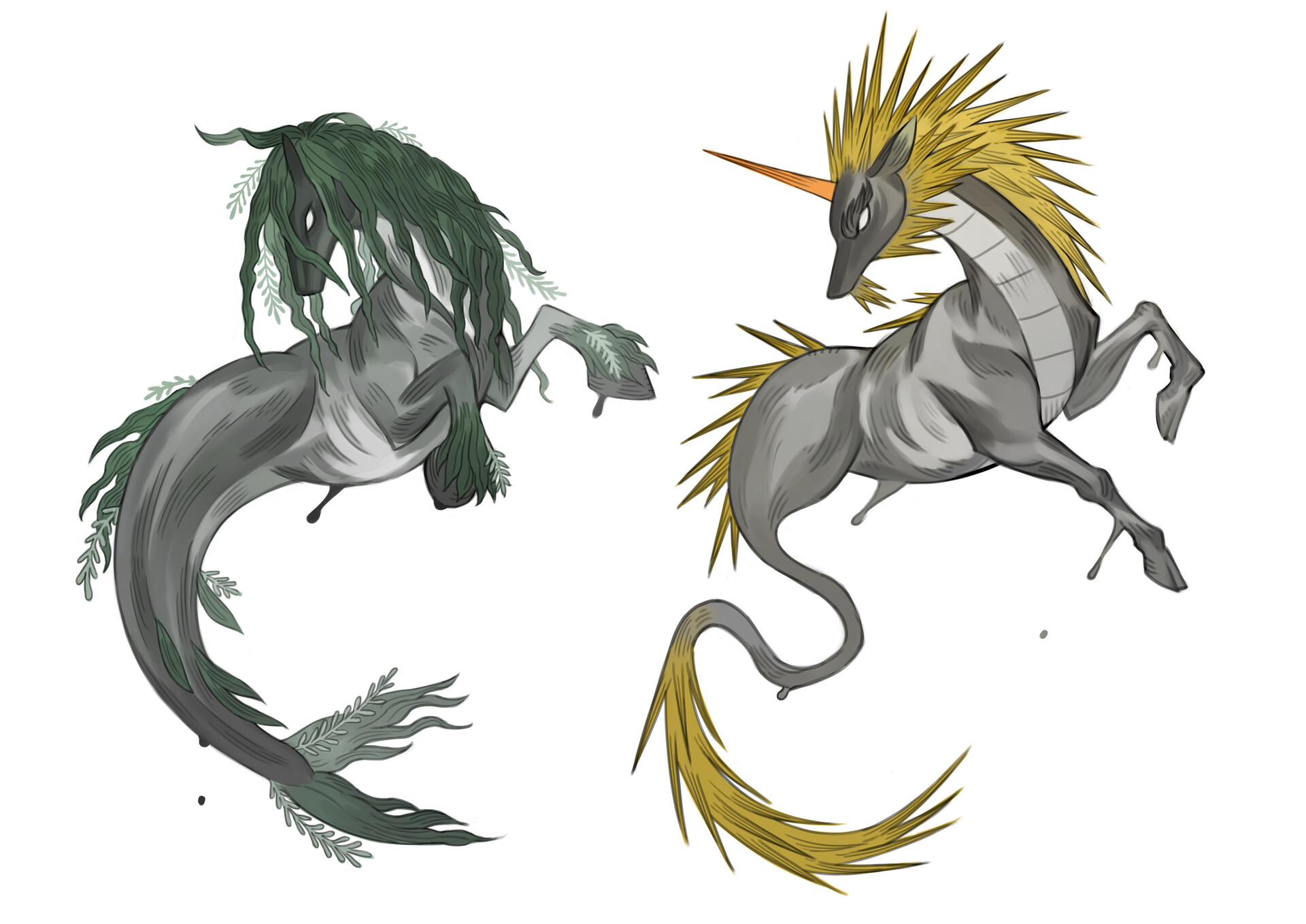 two mythical horselike creatures, a kelpie and a kirin, are depicted in profile against a white background. the kelpie is rendered in shades of green and gray, with a flowing mane and tail reminiscent of seaweed, and a single, spiraling horn.  the kirin is rendered in shades of gray with a gold mane and tail that resemble flames. it also sports a single, spiraling horn.