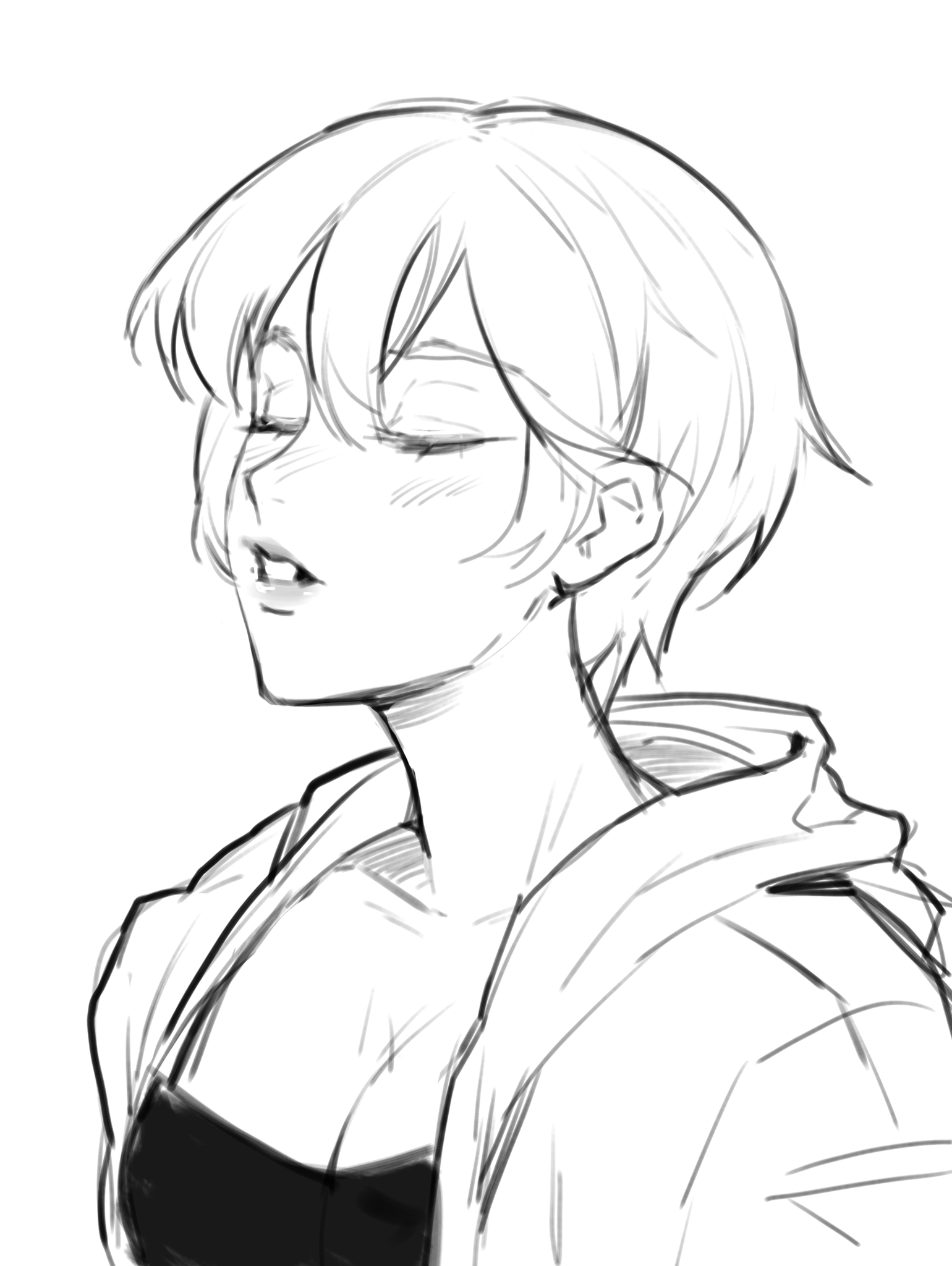 the image is a grayscale sketch or drawing of a young woman.  the style is reminiscent of anime or manga, with soft lines and slightly exaggerated features. she has short, slightly messy hair, closed eyes, and a relaxed expression. she is wearing a darkcolored top and a hooded jacket or sweatshirt. the drawing is loose and expressive, focusing on capturing a mood and feeling rather than precise detail.  the overall impression is one of calmness and serenity.