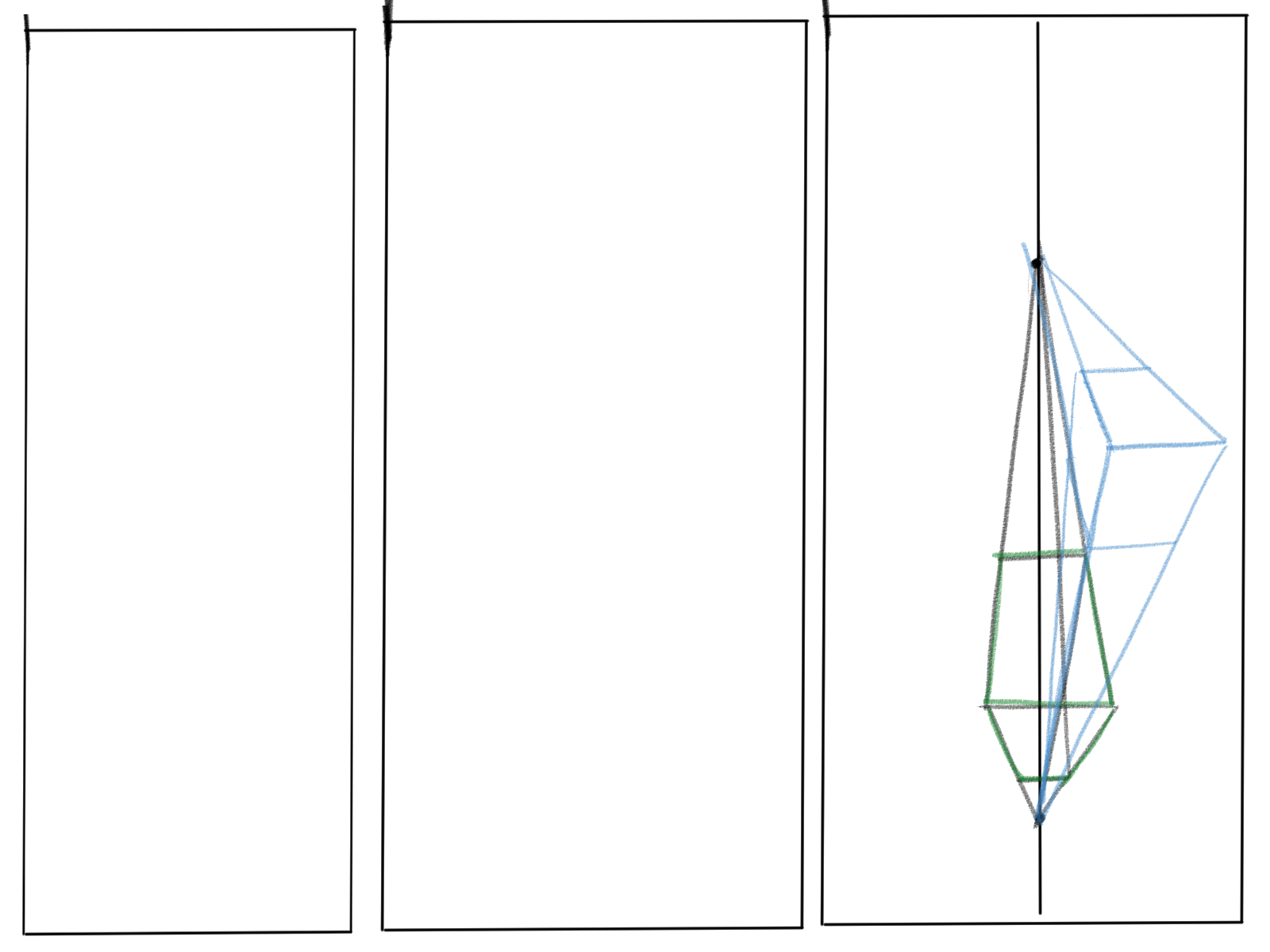 he image shows a stepbystep process of creating a perspective drawing of a geometric shape, possibly a crystal or gemstone.  it begins with two blank panels, suggesting preparation, followed by a final panel depicting a 3d shape constructed using various lines and angles. the lines suggest a method of constructing the shape using perspective techniques, with different colored lines potentially indicating different stages or construction elements. the drawing is handdrawn and shows the process of building a 3d form from basic lines and planes.