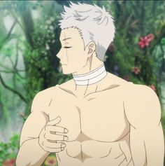 the image shows a muscular young man with short white hair against a blurred forest backdrop. he has bandages wrapped around his neck and a serious expression on his face. he is shirtless and holds his left hand over his chest as if deep in thought or feeling a slight pain. the overall style suggests an anime or manga aesthetic.  the lighting is soft, highlighting his muscular build and the verdant colors of the surrounding forest.
