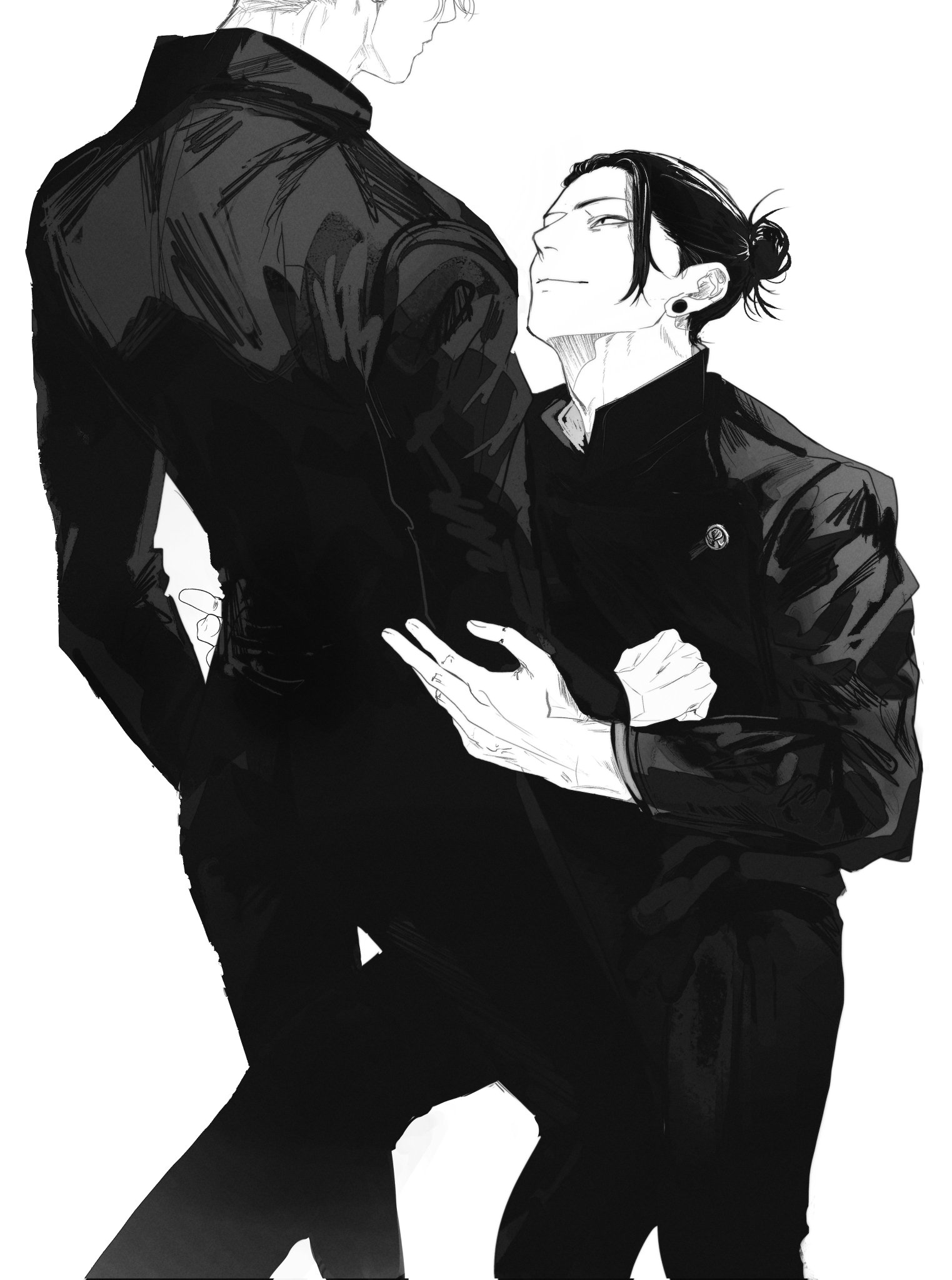 this is a black and white image of two anime boys in black suits, with one of them hugging the other