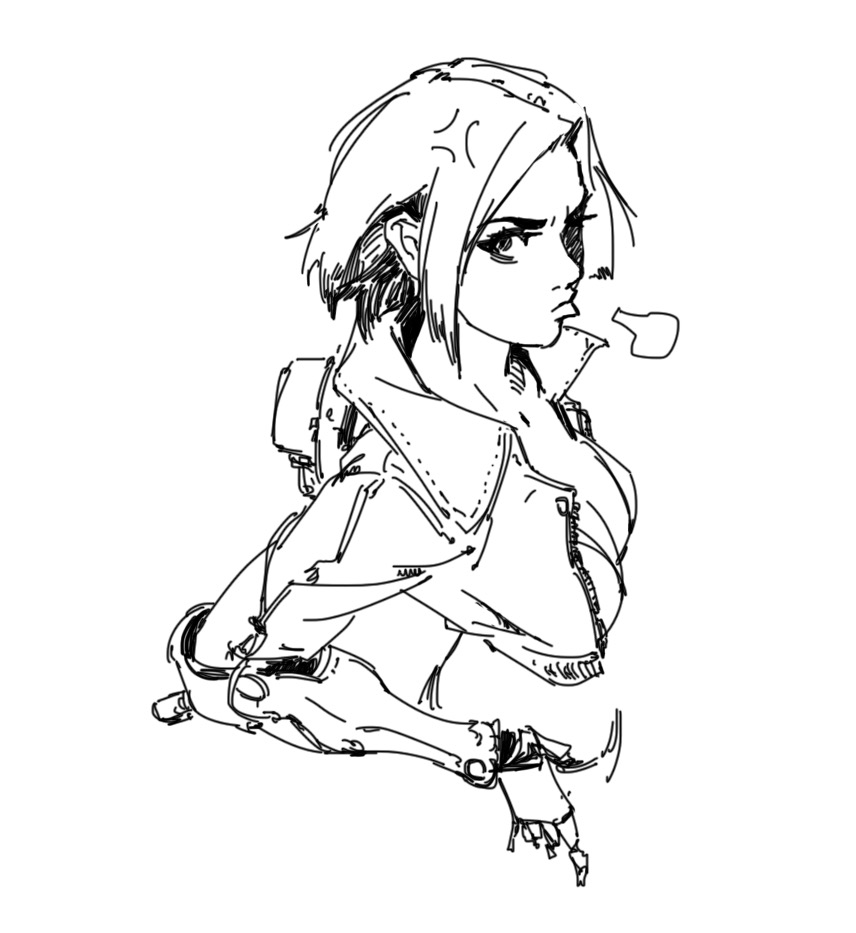 the image is a dynamic, expressive black and white sketch of a young woman.  she appears to be an anime or mangastyle character, possibly from a cyberpunk setting, given her robotic arm and edgy jacket. her short hair is styled simply, and her facial expression is serious, bordering on angry or annoyed, as indicated by her furrowed brow and downturned mouth. the style is loose and sketchy, conveying a sense of movement and energy. a small speech bubble suggests she might be speaking or thinking something. the overall feel is both artistic and slightly edgy.