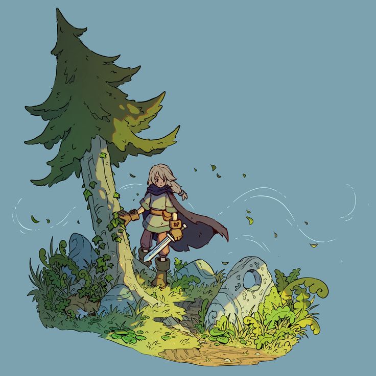 young adventurer, clad in green and brown, stands confidently on a grassy knoll. they grip a sword in their right hand, their gaze focused on something beyond the viewer.  a long, flowing cape billows behind them, hinting at a gentle breeze.  a towering pine tree anchors the composition to the left, its needles catching the warm sunlight.  to the right, a mosscovered stone, possibly part of an ancient ruin, rests amongst ferns and foliage.  a winding path suggests the adventurer's journey continues onward.