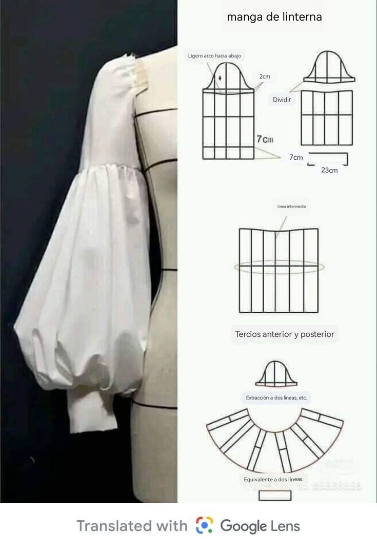 the image shows a lantern sleeve design, which is a type of sleeve that is full and rounded. the image includes a photo of a lantern sleeve, along with diagrams and measurements for creating the sleeve. the diagrams show the different parts of the sleeve, including the top, bottom, and middle sections. the measurements are in centimeters and provide guidance for cutting and sewing the fabric. the image also includes the text "manga de linterna," which is spanish for "lantern sleeve." the image is a sewing pattern, which is a template used to guide the cutting and sewing of fabric. the sewing pattern is for a lantern sleeve, a type of sleeve that is full and rounded.