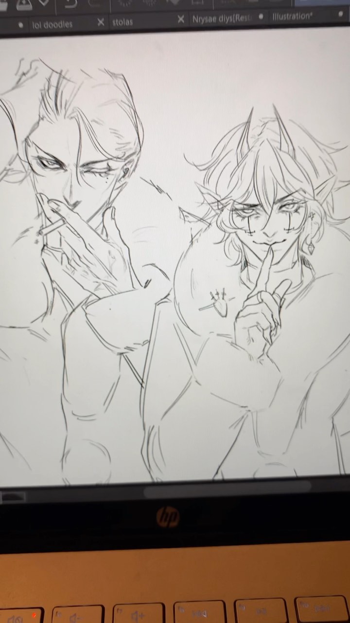 the image shows a laptop screen displaying a digital drawing of two animestyle male characters. one character is smoking a cigarette and the other is holding a finger to their lips in a "shh" gesture.  the drawing is in grayscale and is a line art style sketch.  the characters appear to have some demonic or devilish features, particularly the second character with horns. the laptop is an hp. the top of the screen shows file names related to the art.