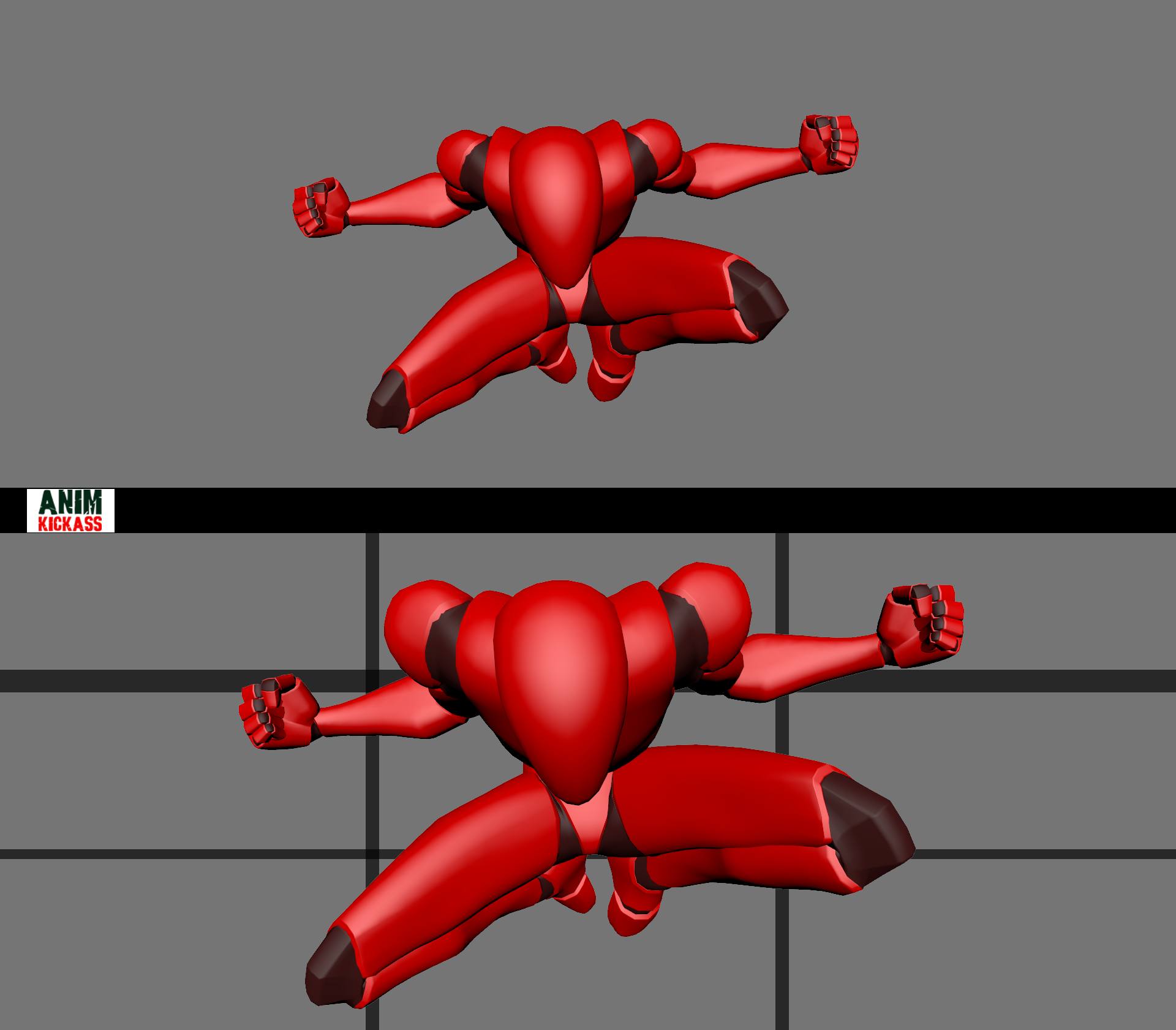 two images show a red, stylized robot in a dynamic action pose. the robot is rendered in 3d and appears to be floating against a gray background. it has a crouching stance, with arms extended in a punching motion and its knees pulled towards its chest. the lower image has horizontal grid lines in the background. the top left of the lower image has a black logo that says "anim kickass" in white and red lettering.