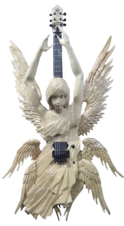 a closeup of a meticulously carved, ivorywhite angel guitar sculpture. the angel is depicted in a graceful pose with outstretched wings, holding a guitarshaped body in its hands. the wings are large and intricate, adding to the overall grandeur of the piece. the guitar body itself is crafted with precision, showcasing intricate detailing and an elegant finish. the sculpture captures a sense of ethereal beauty and heavenly grace, reflecting the artistry and craftsmanship of the creator.