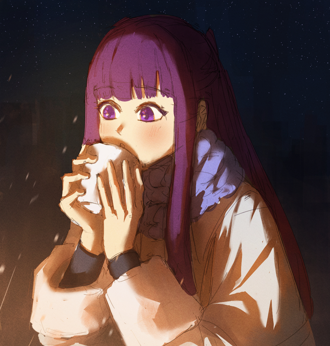 an illustration of a girl with purple hair wearing a white coat and blue scarf is drinking from a white mug in front of a fire with a snowy night as the background.