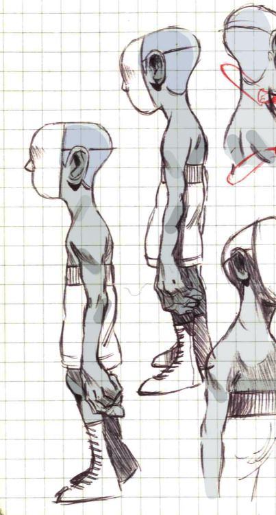 a hand drawn sketch of four people. each character has a very different pose, and appears to be in a different stage of motion. all of the people have a very simple, clean style with no detail on their faces, and only simple lines to define their clothes.  the drawing is done in pencil with a dark line for outlining and a light line for detail. it appears to be done on a piece of grid paper.