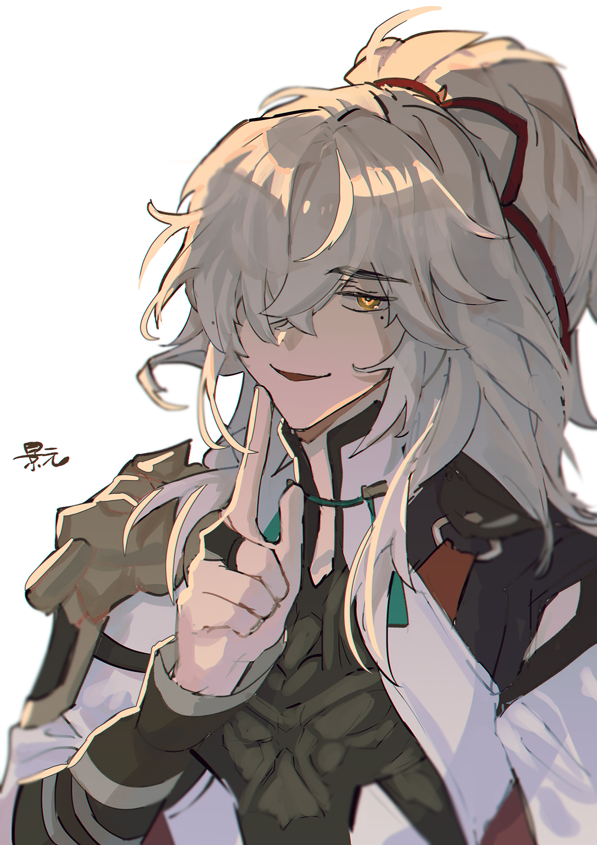 a digital painting of a young male anime character with long white hair, a red ribbon, and yellow eyes. he is smiling mysteriously with a finger pressed to his lips as if telling a secret. he is dressed in dark clothing with a white coat, an elegant style.