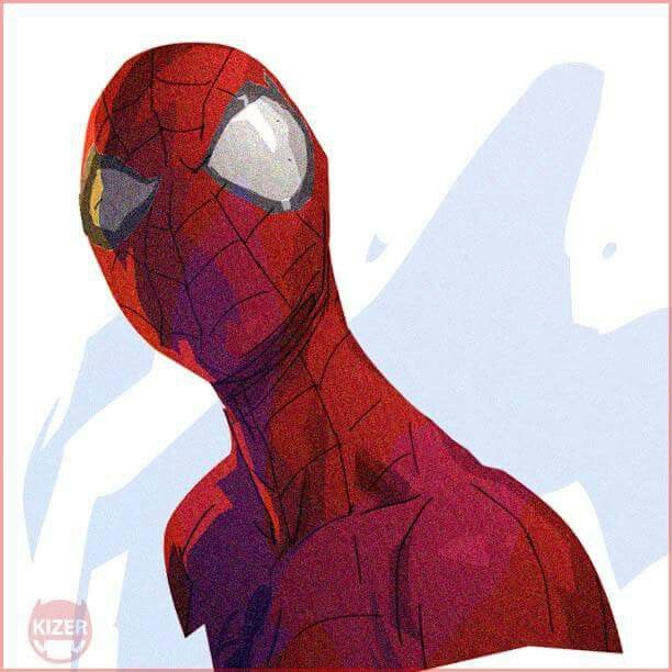a close up digital illustration of spiderman looking away from the viewer, with the left side of his face in view.  he is wearing his iconic red and blue suit and mask, standing in front of a white background.