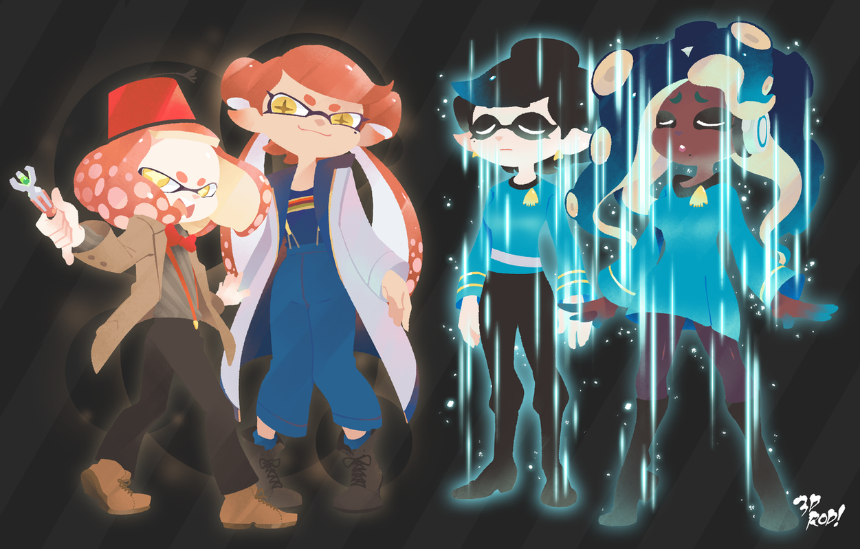 this is a digital art illustration of four characters from the video game splatoon. the two on the left are dressed as the 11th doctor from doctor who and the companion donna noble. the two on the right are dressed as spock and uhura from star trek.