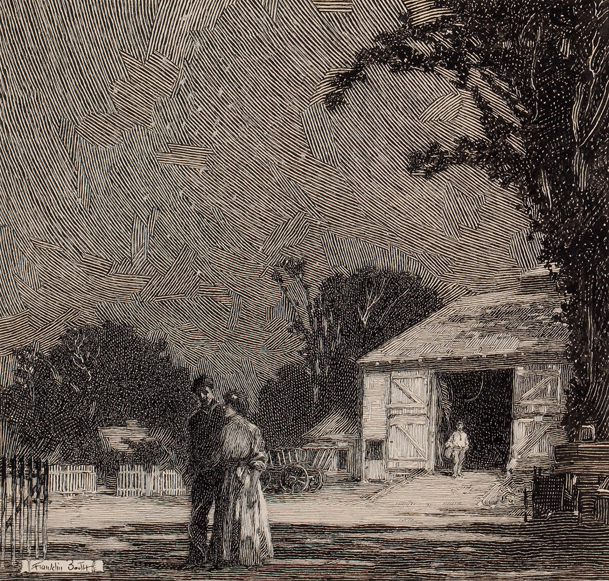 an etching depicting a couple standing by a fence in front of a farmhouse. a farmer is visible in the barn's doorway.  the overall tone is dark suggestive of twilight or a stormy sky.  the style of the etching is reminiscent of woodcuts with bold lines and heavy crosshatching.