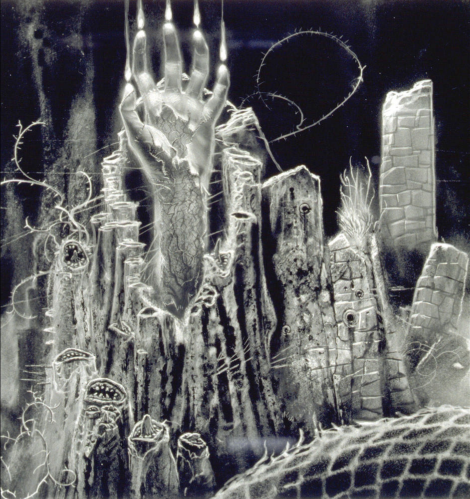 the image is a monochromatic artwork, likely an etching or similar printmaking technique, depicting a surreal and dark scene. a skeletal hand reaches upwards towards flames or glowing lights against a backdrop of ruined, textured pillars or stone formations. the overall style is gothic and fantasyinfluenced, with a dark and ominous mood created through the use of shadow and texture. the style appears similar to that found in some forms of horror or dark fantasy illustration. the background includes fragmented structures and possibly some organic or monstrous forms subtly woven into the stonework, enhancing the surreal and nightmarish atmosphere. the hand is the focal point, drawing the viewer's eye upward. the image has a highly textured look, giving a sense of age, decay, and the unsettling nature of the scene.