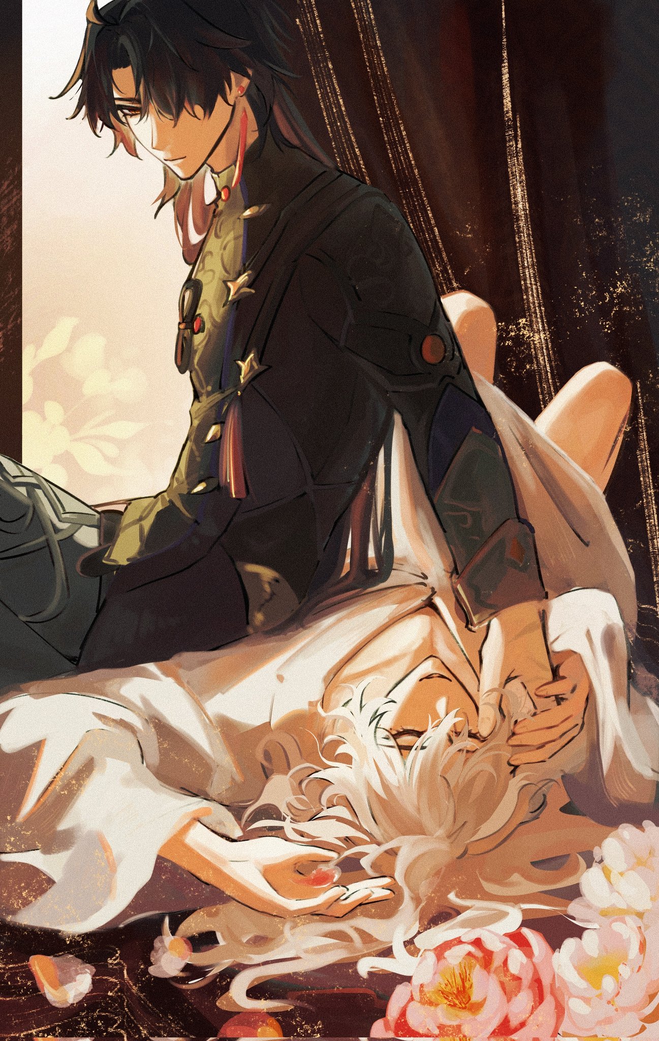 this is a digital painting of an anime couple. the man is dressed in black and green traditional clothing with red accents. he is sitting beside a woman in a white dress. her eyes are closed and she is resting her head on his lap.  the man is gently stroking the woman's hair.  there are pink flowers in the foreground. the background is a blurry image of a dark room with a curtain.