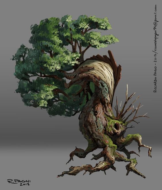 the image is a digital painting of a fantastical, old tree.  the tree's trunk is thick, gnarled, and heavily textured with moss and exposed wood.  its roots sprawl dramatically across the ground.  the upper portion of the tree has a large, spreading canopy of green leaves, suggesting a healthy, vibrant top contrasting with the aged, seemingly ancient base. the style leans towards fantasy or concept art, suitable for games or illustrations. the artist's signature, "r. pagni 2013," is visible in the bottom left corner.  the overall effect is one of age, strength, and a touch of magical whimsy.